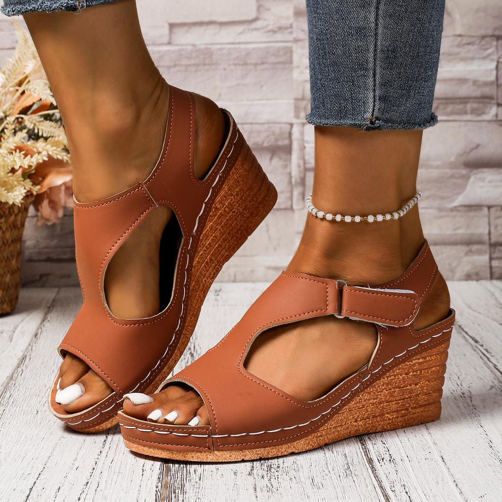Summer Large-sized Sandals Women's Bikes Stitched Shoes Breathable Velcro Hollowed-out Wedge Heel Sandals
