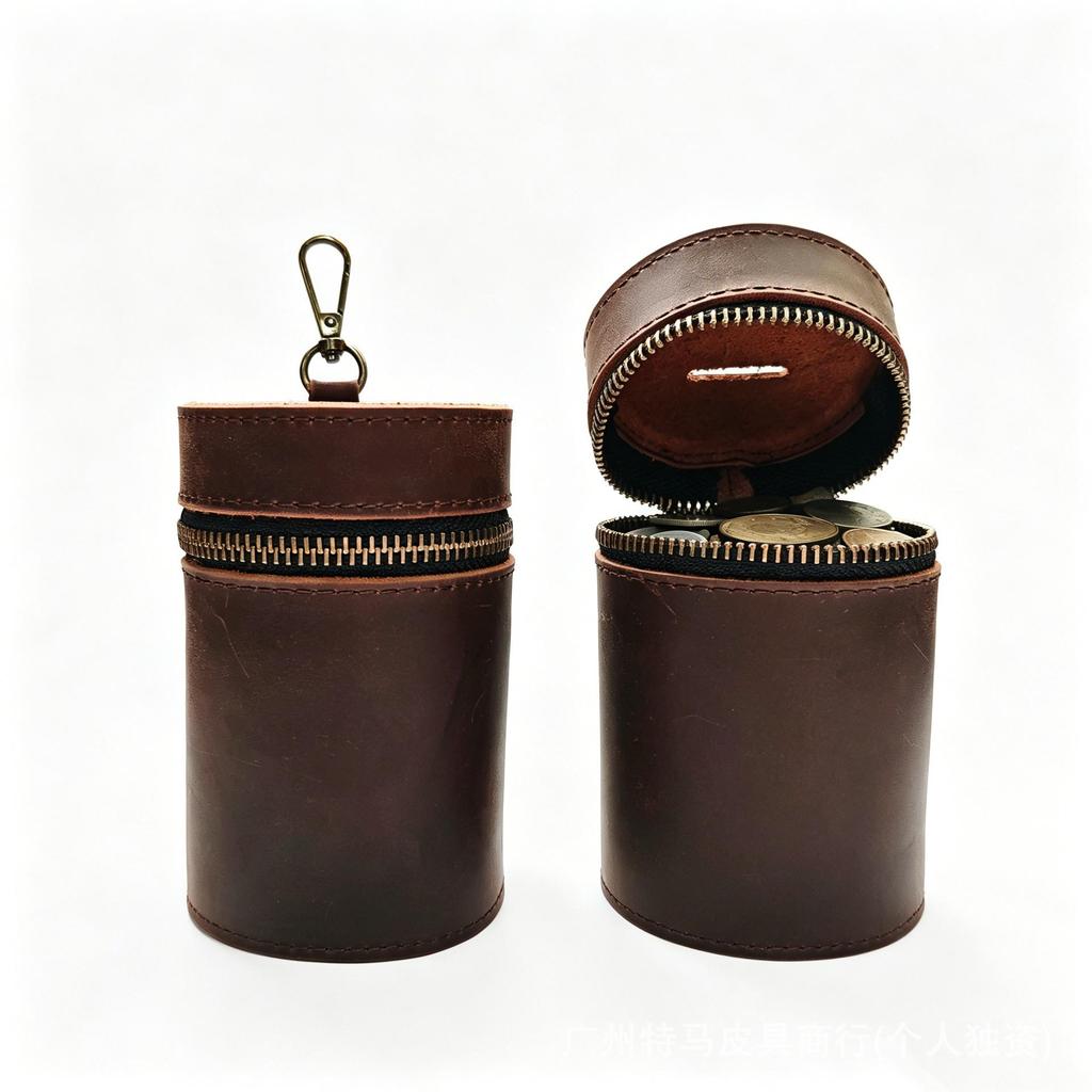 Genuine Leather Retro Coin Purse - Crazy Horse Round Barrel Design