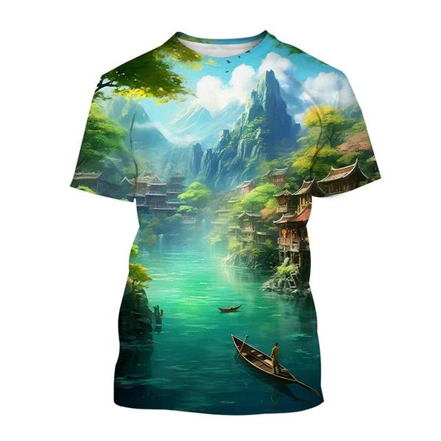 3D Printed Landscape T-shirt Chinese Art Painting T Shirt For Men Fashion Round Neck Short-sleeved Oversized Summer Tees Tops