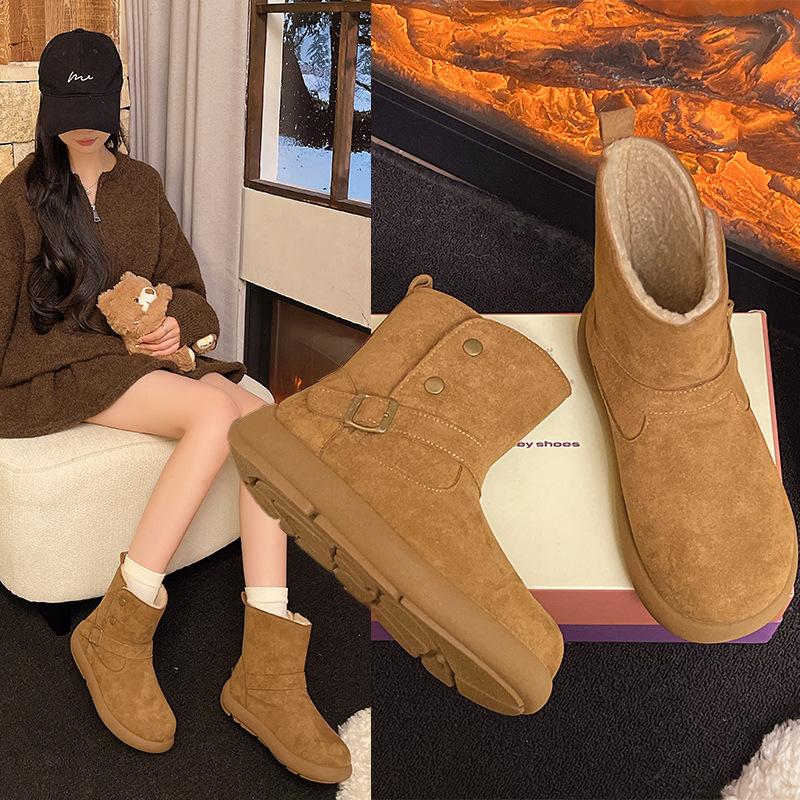 Women's Retro Thick Sole Fashion Lightweight Soft Sole Winter Warm Fur One Snow Boots Fluffy Lined Non-slip Casual Sports Cotton Boots
