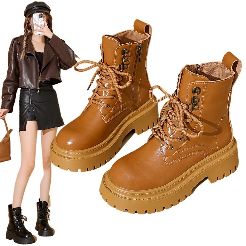 SyfIyno Autumn and Winter New Korean Version Lace Up Side Zipper Women's Boots Small Fragrance Style Short Boots Fashion Boots