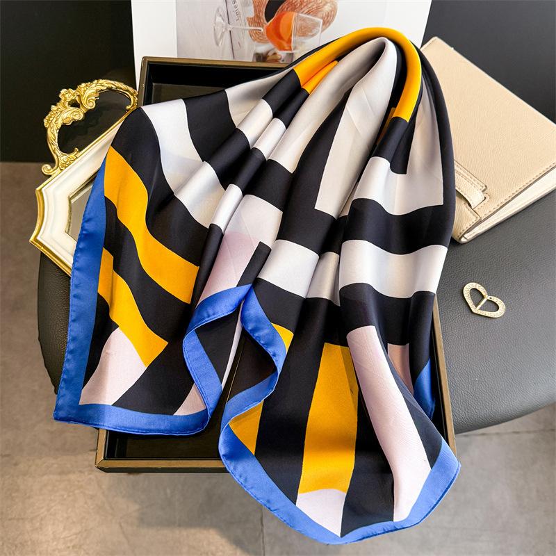 Striped Printed Silk Like Square Scarf For Women Fashion