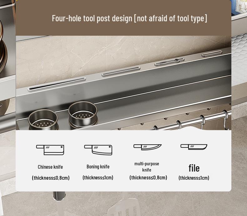 Wall-Mounted Stainless Steel Kitchen Storage Rack for Seasonings, Chopsticks, and Knives