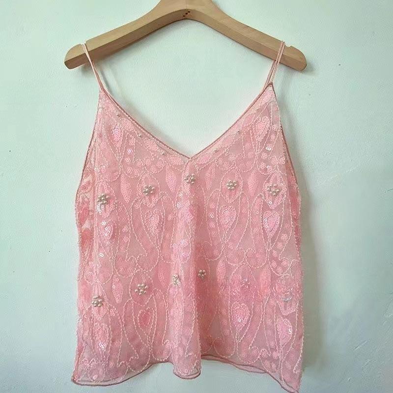 Women's Summer Sequin Beaded Deep V-Neck Crop Cami – Sparkly Sleeveless Layering Tank Top, Sexy Slimming Clubwear