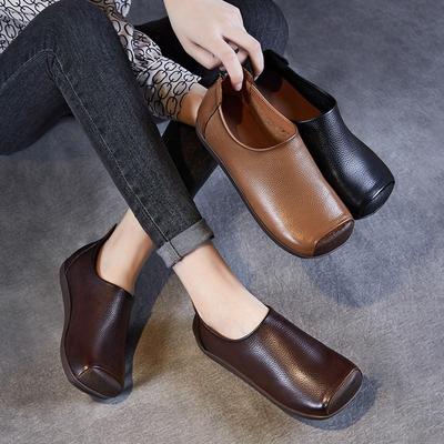 Sapatos de couro genuíno feitos à mão com bico quadrado, retrô, sola macia e rasa, sapatos casuais femininos