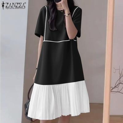 Women Casual Round Neck Short Sleeve Summer Patchwork Dress