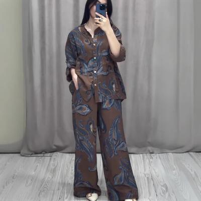 Women Vintage Print 2 Piece Sets Spring V-neck Long Sleeve Shirt Lace-up Wide Leg Pants Outfit Summer Button 2pcs Suit