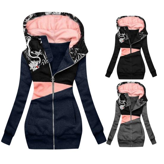 Kadın Kapüşonlu Sweatshirt Kontrast Renkli Patchwork Sonbahar Kış Sıcak Cepli Günlük Giyim İçin