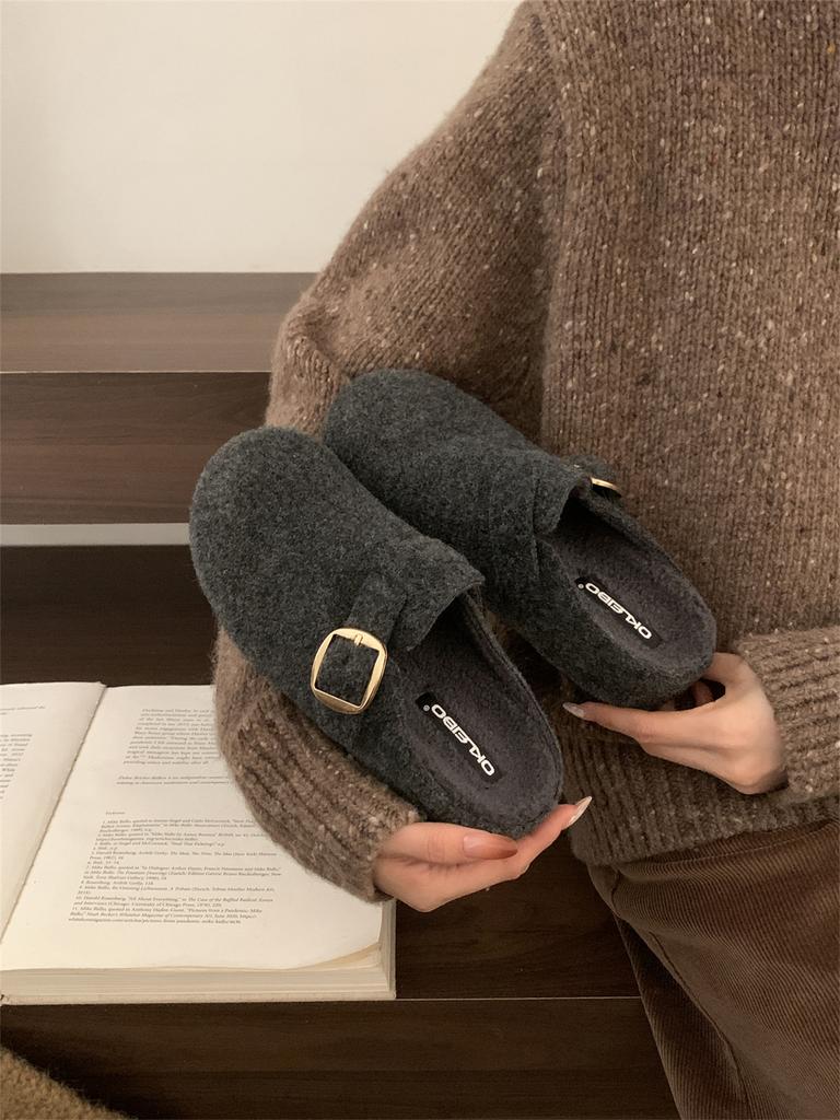 Inner Height Increase Gray Fluffy Shoes Women Wear New Thick-soled Birkenstocks with Velvet Bag Head and Half-drag Cotton Shoes In Autumn and Winter