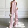Women's Chiffon 2 Piece Sets, Asymmetrical Halter Sleeveless Tops with Wide Leg Pants Summer Outfits, Casual Vacation Lounge Matching Set
