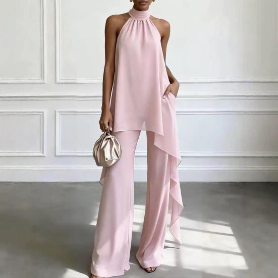 Women's Chiffon 2 Piece Sets, Asymmetrical Halter Sleeveless Tops with Wide Leg Pants Summer Outfits, Casual Vacation Lounge Matching Set