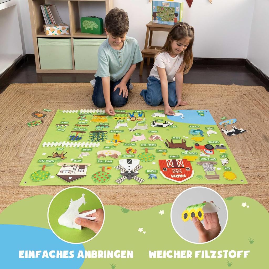BONNYCO Felt Board with 92 Farm Animals Figures. Montessori Toys and Birthday Gifts for Children from 3 to 8 Years.  Farm Educational Games