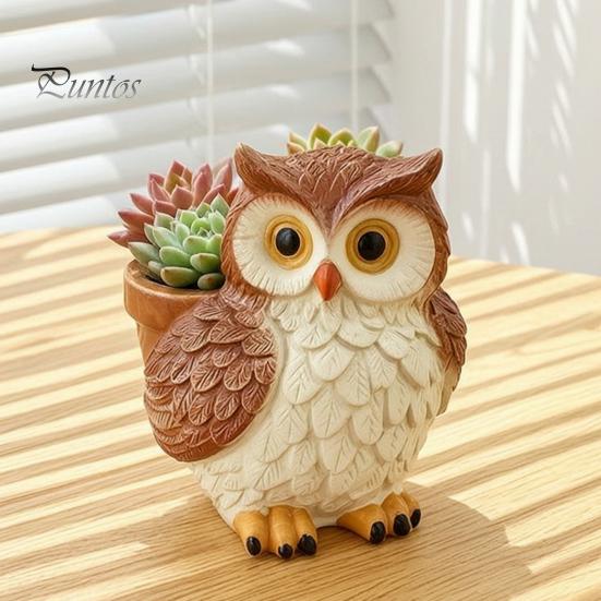 Hand Painted Owl Statue Cute Cartoon Planter, Resin Small Planter Pot, Decorative Micro Landscape Plant Pot for Succulents, Indoor Garden Balcony