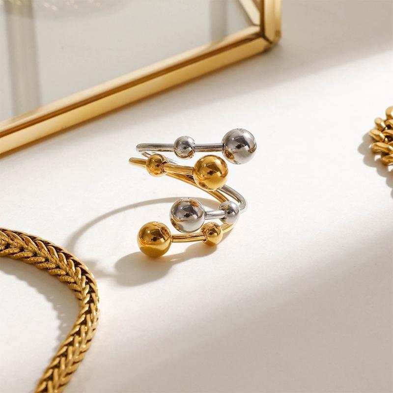 Chic Ring With Gold And Silver Color Mix Double Opening Adjustable Feature Spherical Ball Elements For Trendy Accessories