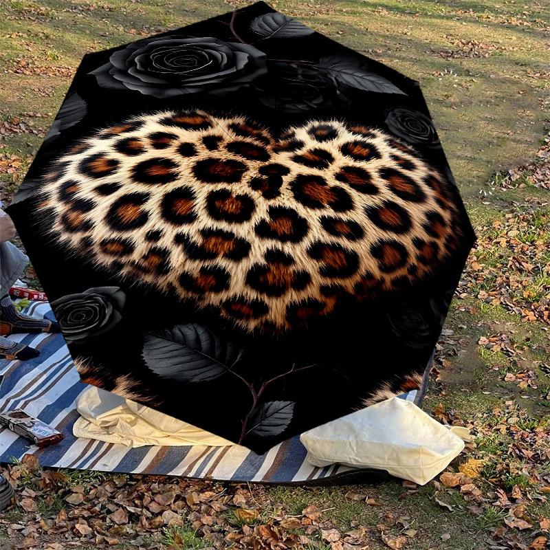 1pc Leopard Print Heart Automatic Open/Close Umbrella Compact Folding Umbrella with 8-Rib Shaft for Women/Men, Elegant Birthday1138S