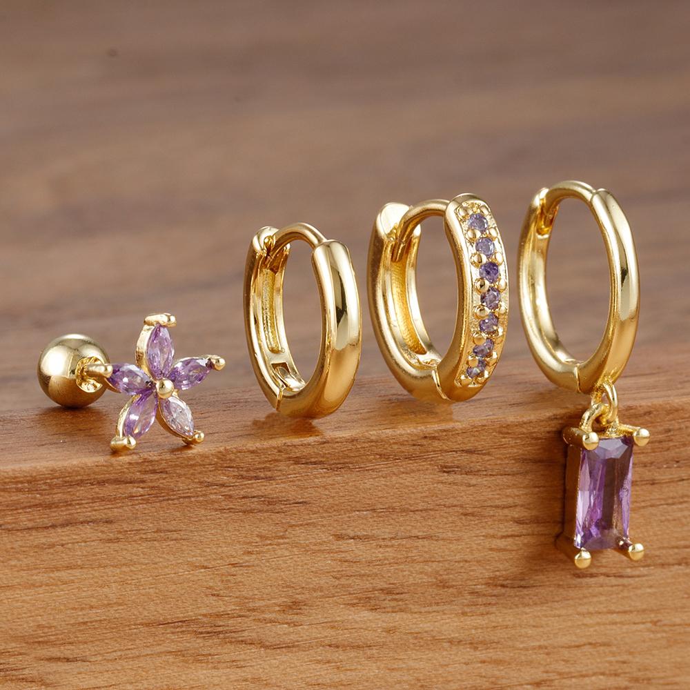 4PCS Exquisite Stainless Steel Flower Square Earrings Set for Women Gold Plated Huggie Dangle Earring Piercing Jewelry aretes