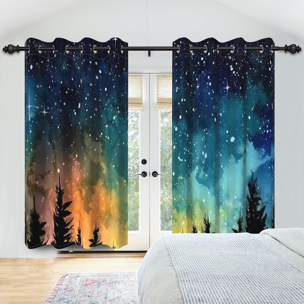 Blackout Dreamy Starry Sky Printed Curtain Galaxy Aurora Cosmic Night Kids Bedroom Living Room Study Decor Set Of 2 Made Polyester Washable Ready