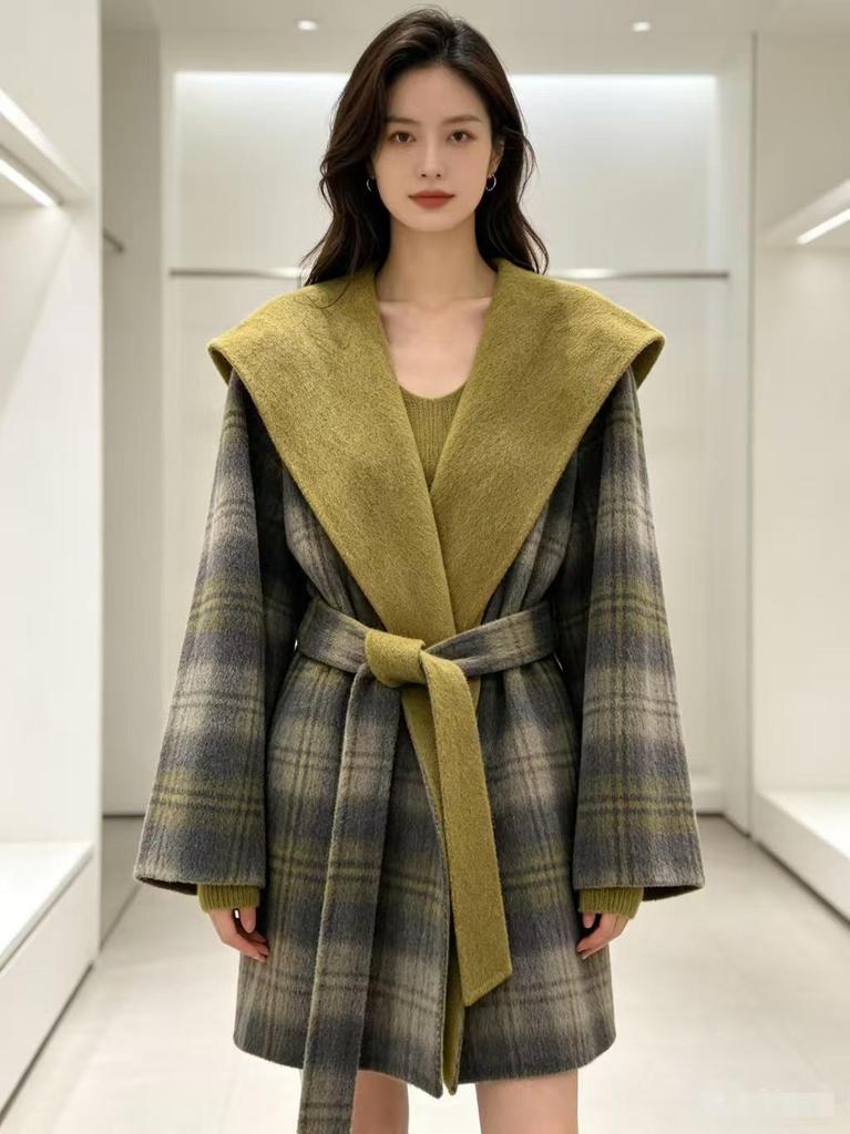 2026 Autumn/Winter Double-Sided Plaid Wool Coat - Women's High-End Hooded, Tie-Up, Mid-Length, Loose Fit.