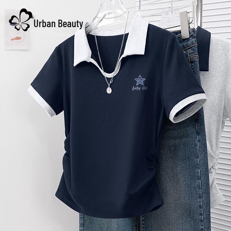 Urban Beauty 2026 Summer U-Neck Color Block Short Sleeve T-Shirt XL