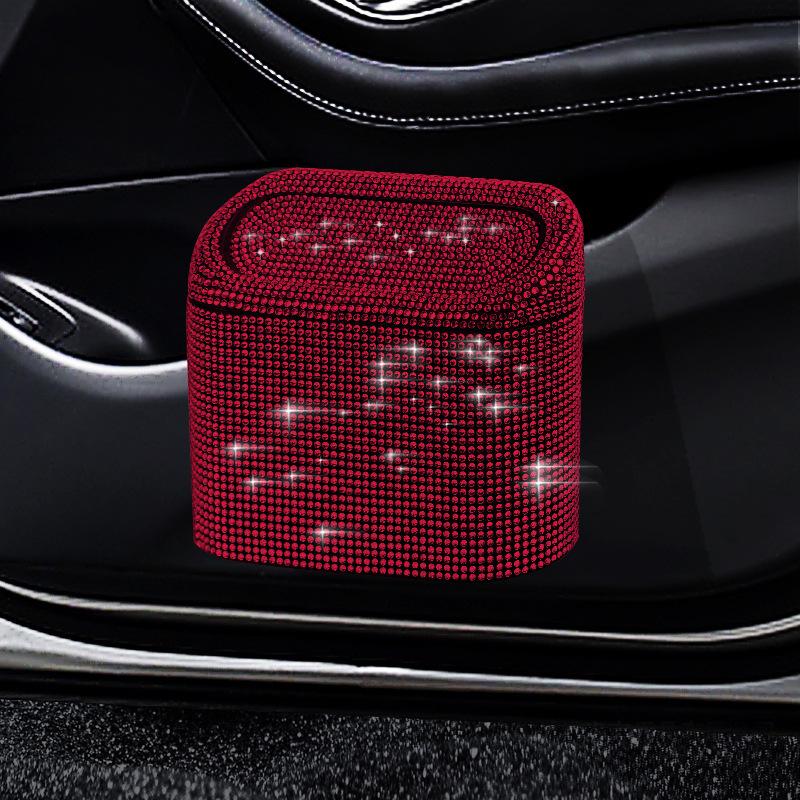 Rhinestone Car Trash Can - Flip-Top Hanging Interior Storage Bin