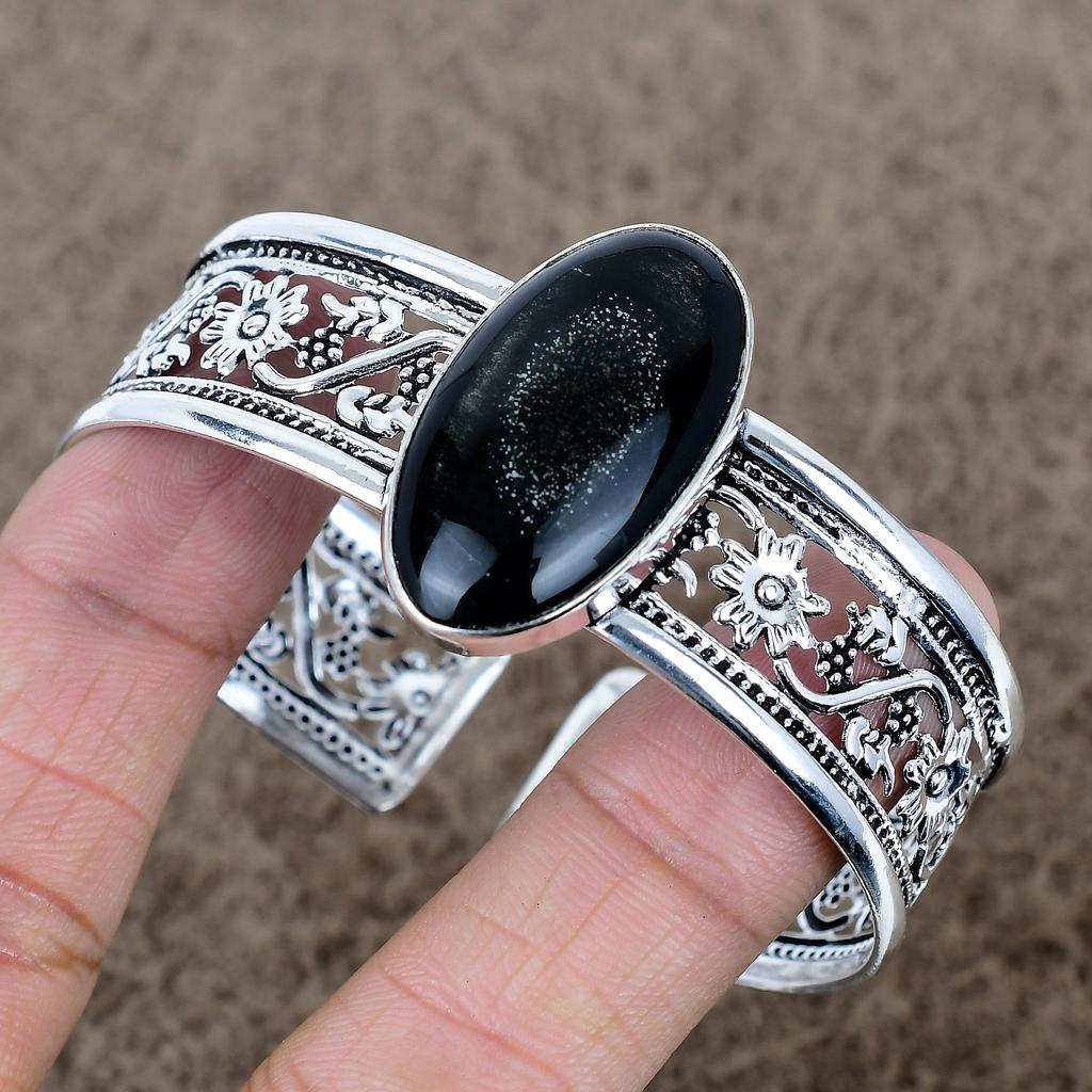 Silver Sheen Obsidian Gemstone 925 Sterling Silver Cuff Bangle Adjustable KKG-777