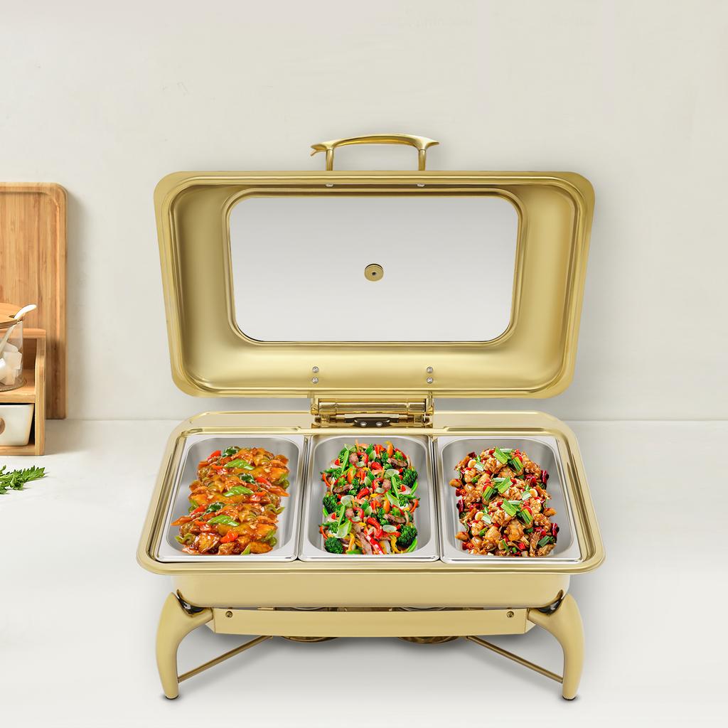 3 Fächer Edelstahl Buffetwärmer, Gold Rechteckiges Chafing Dish Buffet-Set Tischplatte 58*42*28cm für Hotels, Cafeterias