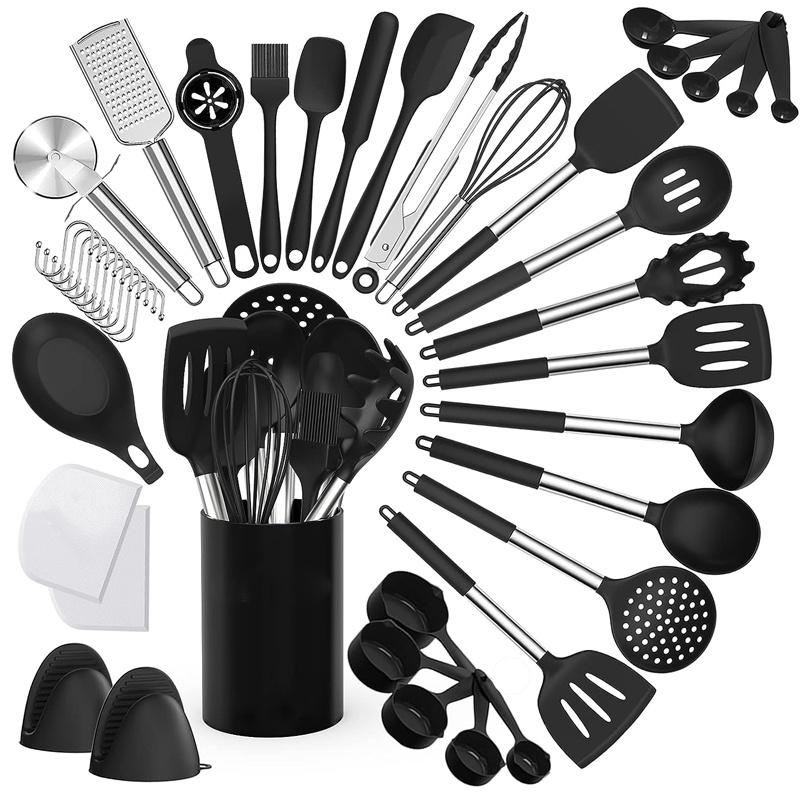 Set Ustensile de Bucătărie din Silicon, 43 buc Set Spatule cu Mâner din Oțel Inoxidabil, Antiaderent, Rezistent la Căldură - Cele Mai Bune Vase de Gătit S