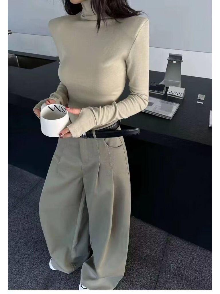 Women's White High-Neck Velvet Long Sleeve T-Shirt with Padded Shoulders - Slim Fit for Autumn/Winter 2025