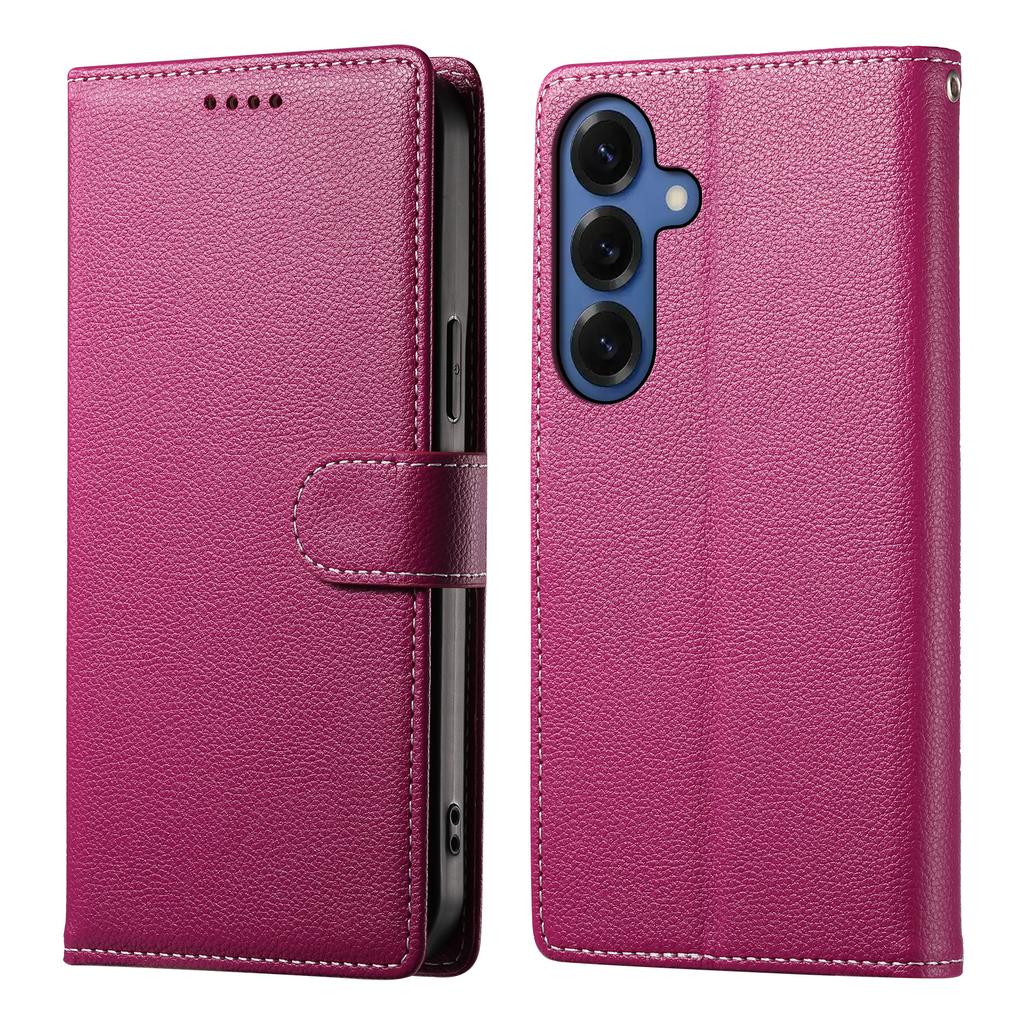 For Samsung Galaxy S26+ Case Magnetic Snap Litchi Texture Leather Wallet Phone Cover with Wrist Strap