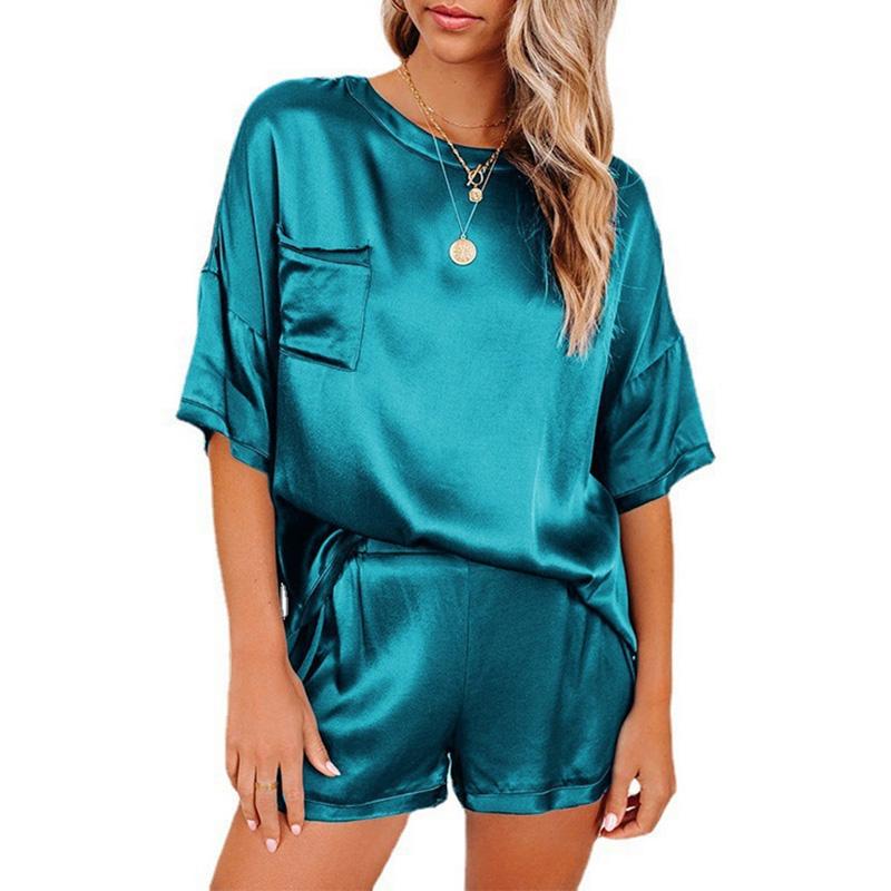 Women's Clothing Solid Color Imitation Silk Pajamas Short-Sleeved Shorts Irregular Two-Piece Suit Solid Color Homewear Set