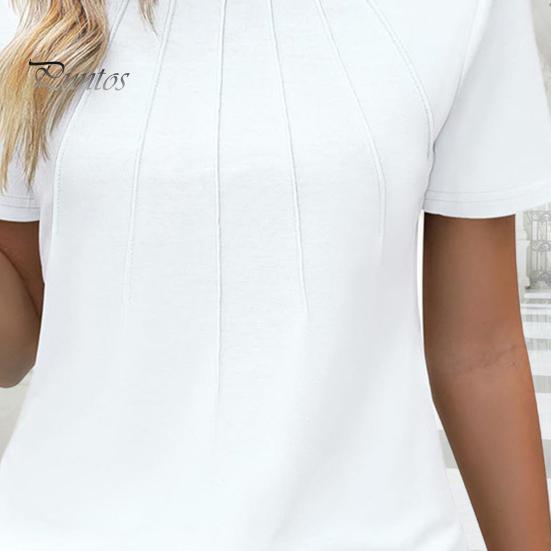 Women Summer Tops O-Neck Short Sleeve Wrinkles Texture Tee Shirt Solid Color Loose Fit Elastic Tops Daily Wear