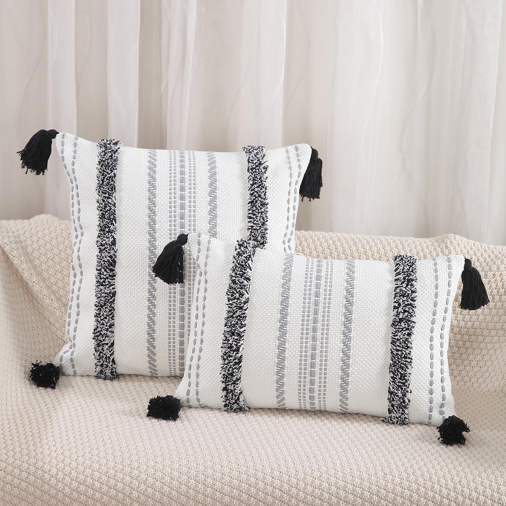 Baumwollgarn-Jacquard-Kissenbezug mit getufteten Quasten, Büro-Lendenkissen, Zuhause, Sofa, Bett, Kopfkissen