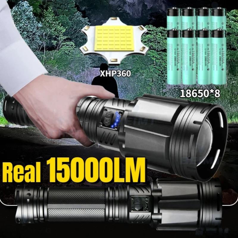 15000LM XHP360 Hochleistungs-LED-Taschenlampe Leistungsstarke Taschenlampe Wiederaufladbar Super Große Reichweite Outdoor Notfall Camping Laterne