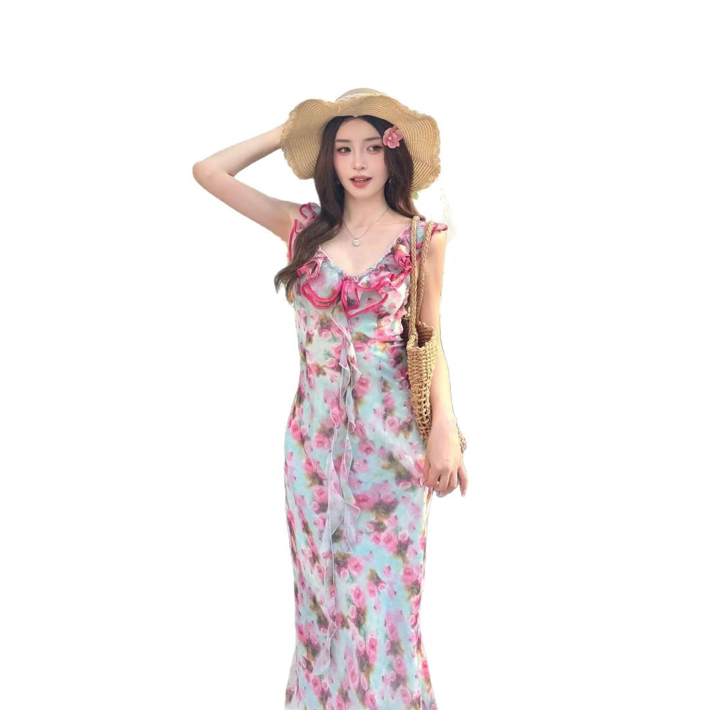Summer New Lotus Leaf Edge Seaside Vacation Style Photo Dress Design Sense Super Fairy Temperament V-neck Floral Tea Break Dress