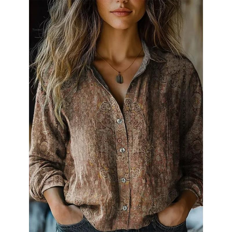

Женская весенне-летняя повседневная рубашка с длинным рукавом в стиле ретро с принтом, имитация хлопка и льна XXL