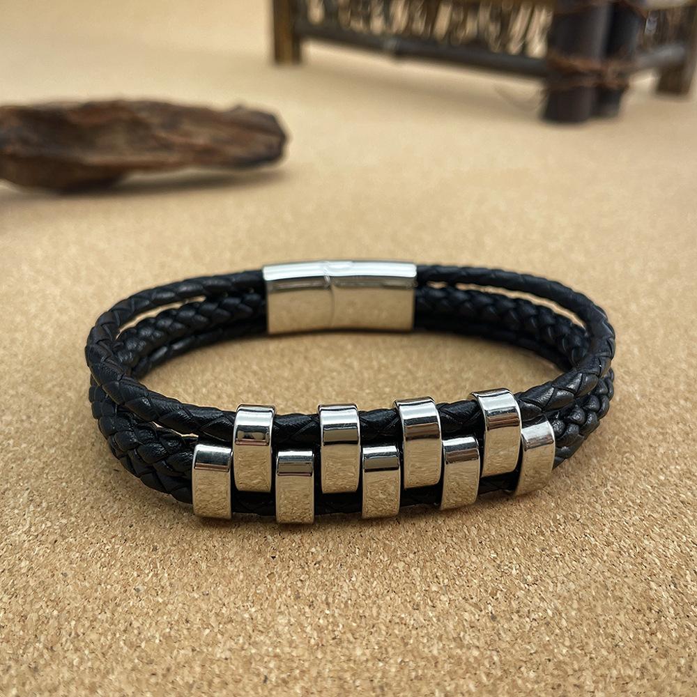 Opk Jewelry Personalized Punk Style Stainless Steel Magnetic Buckle Bracelet Multi-Layer Woven Leather Bracelet Men