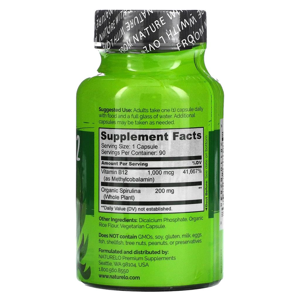 NATURELO Veganes B12 mit Spirulina, 90 leicht zu schluckende Kapseln