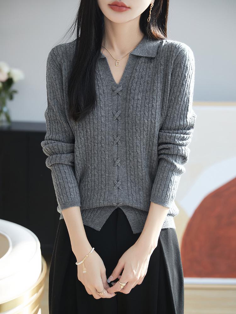 

Women s Slim Fit Polo Collar French Retro Knit Sweater XL светло-серый