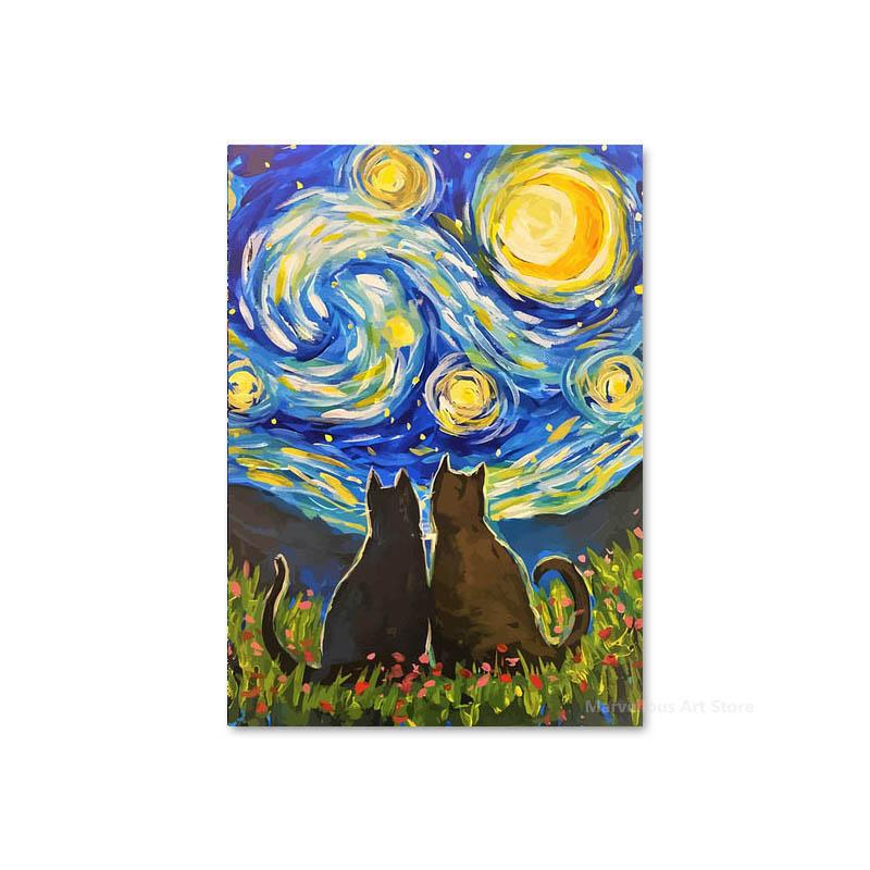 Sternennacht Katze Abstrakte Tier Poster und Drucke Vintage Leinwand Malerei Wand Kunst Bild für Wohnzimmer Korridor Wohnkultur