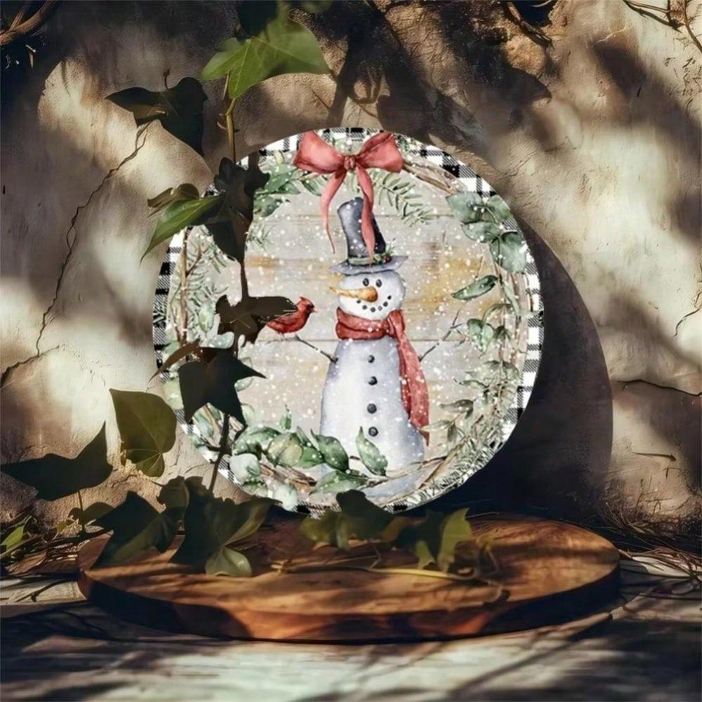 Snowman Wreath Metal Round Sign Rustic Iron Wall Art Plaid Border Christmas Door Decor