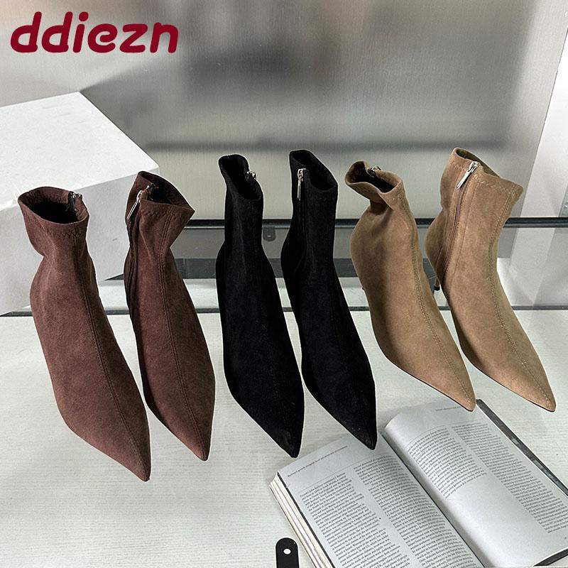 Fashion Fashion Flock Women Ankle Boots Zippers Shoes Female Thin Heels Pointed Toe Sexy Ladies Short Modern Boots Pumps Shoes