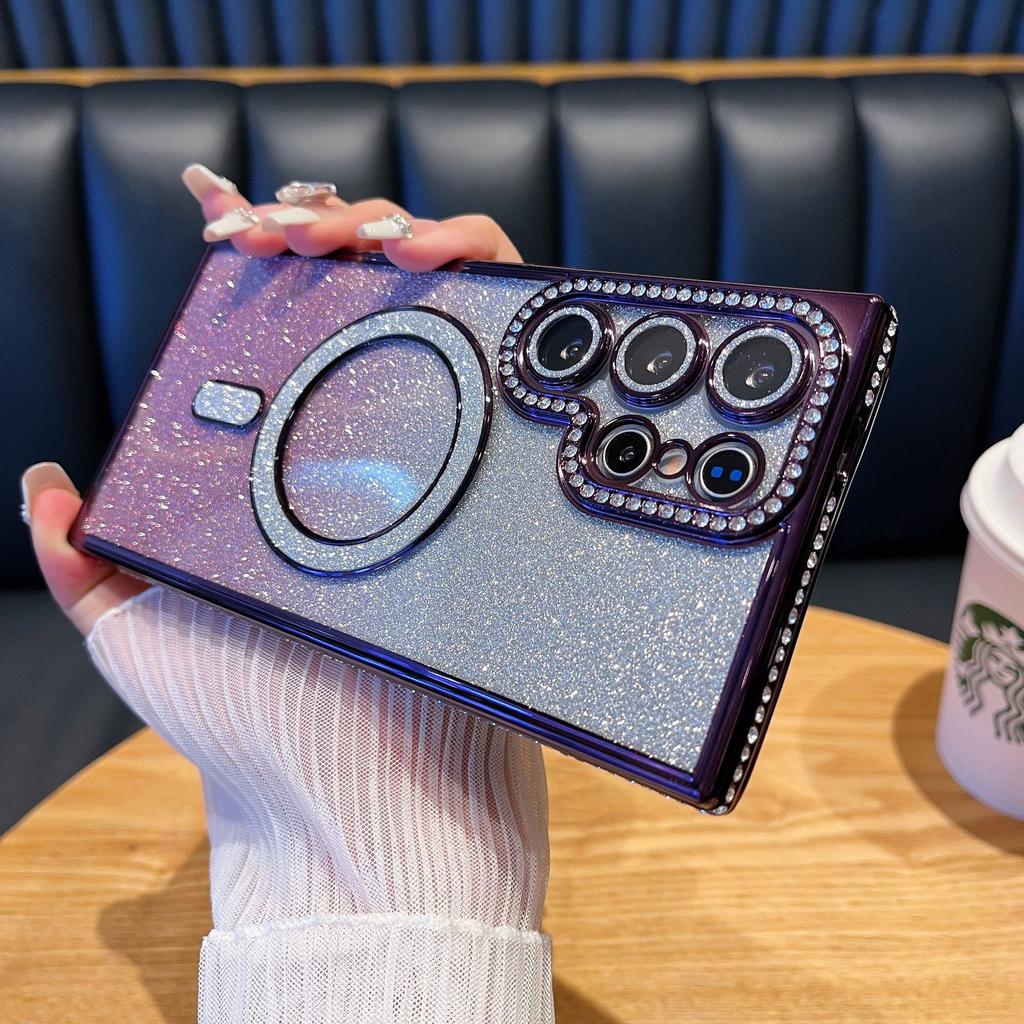 Rhinestone Frame Magnetic Flash Powder Suitable for Samsung S25ultra Mobile Phone Case S25EGDE Diamond Lens Film A16 Case
