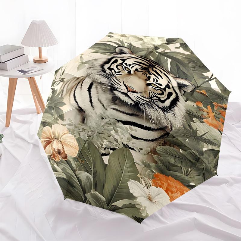 1PC Tiger Flowers Umbrella-8-Rib Reinforced Portable Folding Travel Suitable for All Seasons Outdoor Daily , Fun Design-Z0448