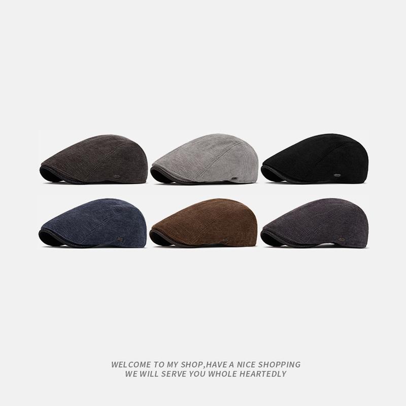 Men's Beret Autumn Winter Velvet Warm Cap British Vintage Corduroy Forward Cap Painter's Hat
