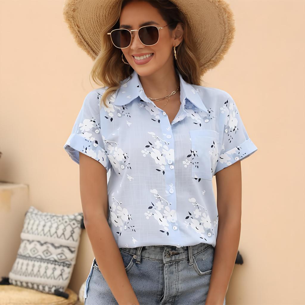 Women's Casual Shirt Summer Spring Flower Pattern Print Short Sleeve Blouses and Shirts