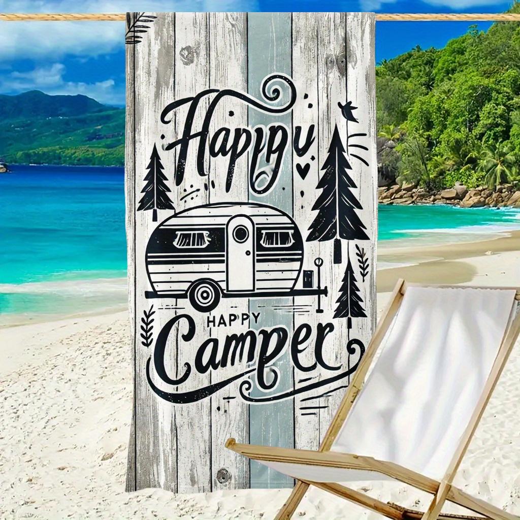 Happy Camper Beach Towel Vintage Trailer and Wood Grain Art Quick-Dry Sand-Free Microfiber BathTowel for Camping and Summer Pool