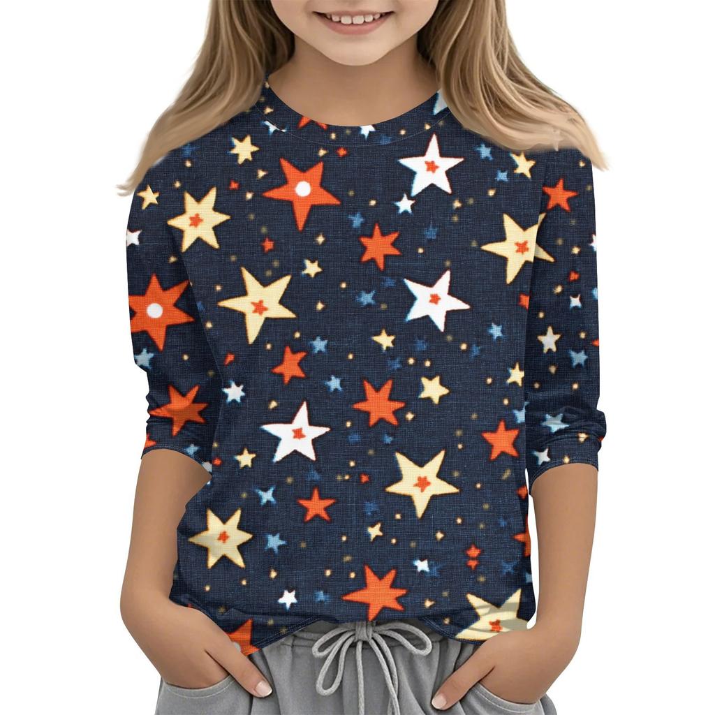 Children's 7-point Sleeve Printed Independence Day Crew-neck Casual T-shirt