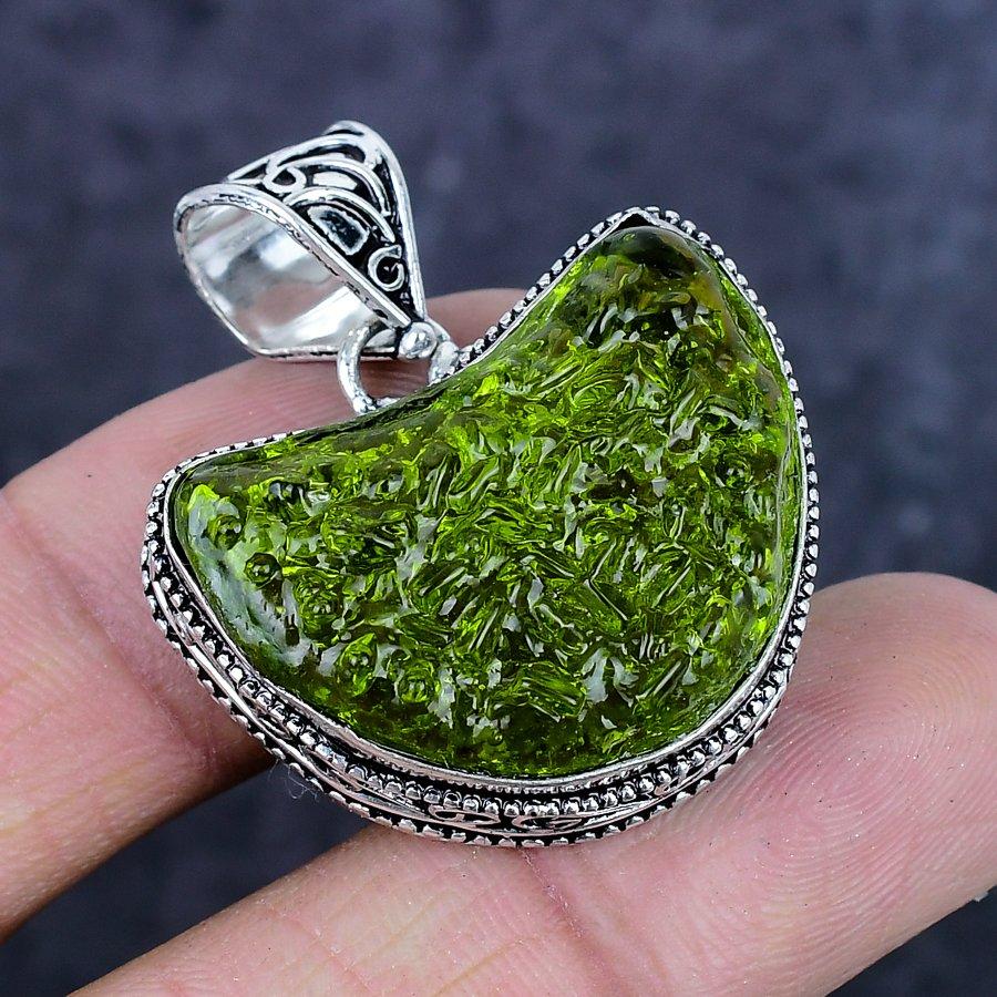 Natural Moldavite Quartz Gemstone 925 Sterling Silver Jewelry Pendant 1.50" ETC-14217