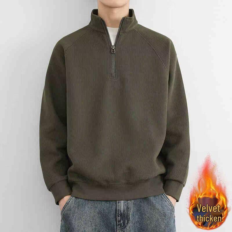 Men s Autumn/Winter Stand Collar Half-Zip Hoodie with Velvet, Thick, Warm, Versatile, Long-Sleeve Top L
