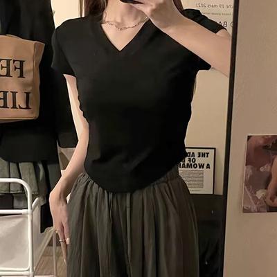 Summer French Waist Design Front Shoulder Short-sleeved T-shirt Women's Slim-fit Short V-neck Bottoming Shirt, Thin Top Women's Clothing